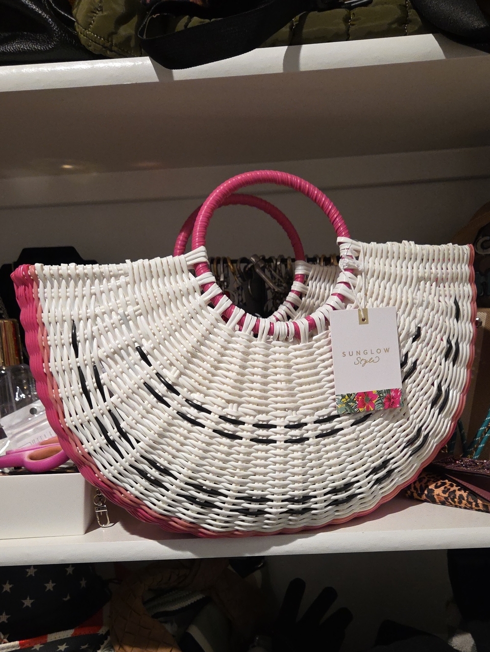 White & Pink Woven Half-Moon Tote